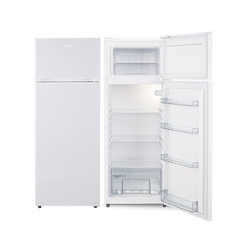 UNIVERSALBLUE | Frigorífico doble puerta 144 cm | Color blanco | Capacidad total 208L | Congelador | Vegan Box | 4* de Congelación | Puerta Reversible | Eficiencia Energética