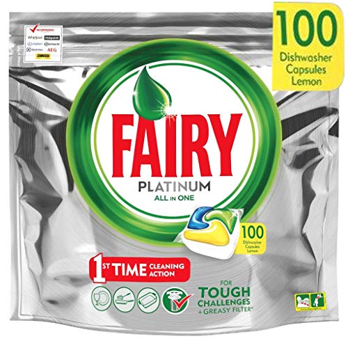 Fairy Platino - Pastillas para lavavajillas todo en uno, 100 cápsulas, limón, pastillas para lavavajillas